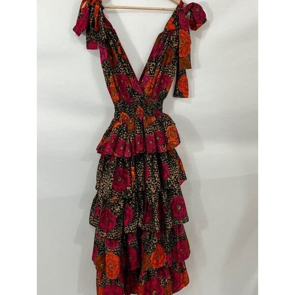 ELISAMAMA Sz S Small One Midi Dress Fuchsia Orange Black Floral Tiered Ruffle - Picture 6 of 11